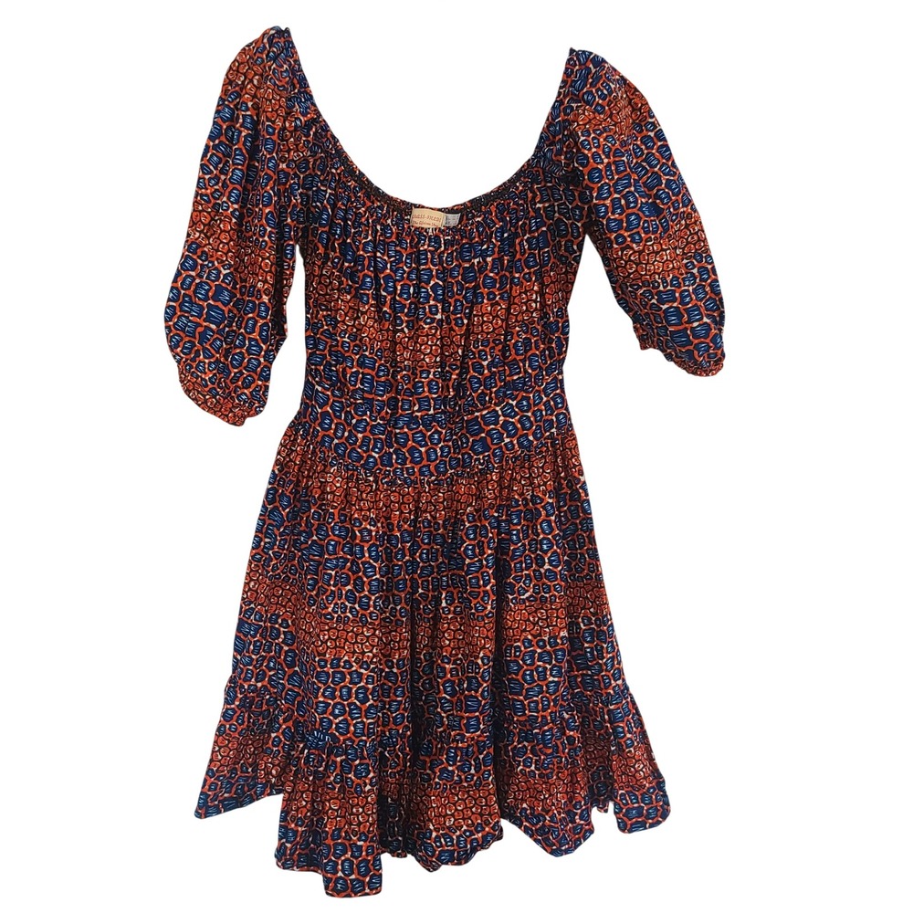 Grass-Fields African Print Smocked Puff Sleeve Midi‎ Dress Orange Navy Blue XL